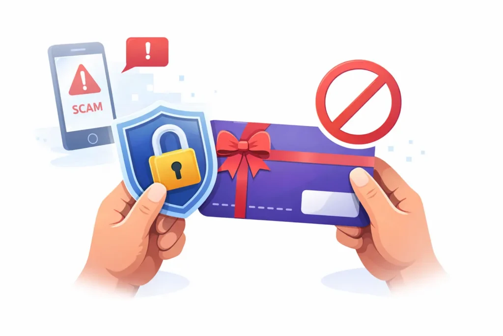 Gift card protected by a security shield while a scam warning appears on a smartphone.